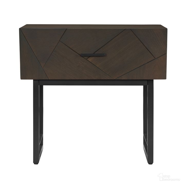 The appearance of Marquis 1 Drawer Oak Wood Nightstand with Black Metal Legs designed by Armen Living in the modern / contemporary interior design. This smoke piece of furniture  was selected by 1StopBedrooms from Marquis Collection to add a touch of cosiness and style into your home. Sku: LCMULAGR. Material: Wood. Product Type: Nightstand. Image1