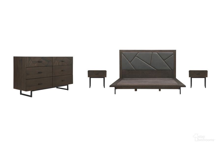 The appearance of Marquis 4-Piece King Size Platform Bed Frame Bedroom Set In Oak Wood with Faux Leather Headboard designed by Armen Living in the modern / contemporary interior design. This gray piece of furniture  was selected by 1StopBedrooms from Marquis Collection to add a touch of cosiness and style into your home. Sku: LCMUBDGRKGBX1;LCMUBDGRKGBX2;LCMUDRGR;LCMULAGR;LCMULAGR. Material: Wood. Product Type: Bedroom Set. Bed Size: King. Image1