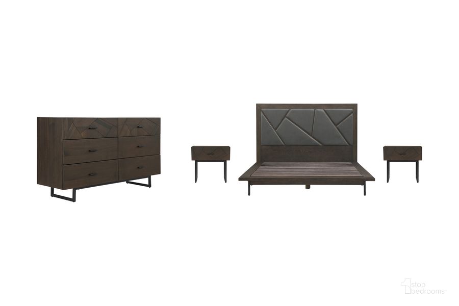 The appearance of Marquis 4-Piece Queen Size Platform Bed Frame Bedroom Set In Oak Wood with Faux Leather Headboard designed by Armen Living in the modern / contemporary interior design. This gray piece of furniture  was selected by 1StopBedrooms from Marquis Collection to add a touch of cosiness and style into your home. Sku: LCMUBDGRQNBX1;LCMUBDGRQNBX2;LCMUDRGR;LCMULAGR;LCMULAGR. Material: Wood. Product Type: Bedroom Set. Bed Size: Queen. Image1