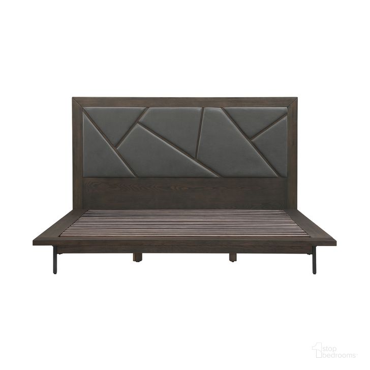 The appearance of Marquis King Size Platform Bed Frame In Oak Wood with Faux Leather Headboard and Black Metal Legs designed by Armen Living in the modern / contemporary interior design. This gray piece of furniture  was selected by 1StopBedrooms from Marquis Collection to add a touch of cosiness and style into your home. Sku: LCMUBDGRKGBX1;LCMUBDGRKGBX2. Bed Type: Platform Bed. Material: Wood. Product Type: Platform Bed. Bed Size: King. Image1