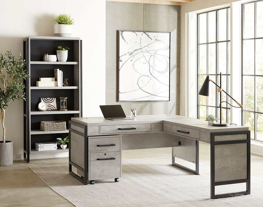 The appearance of Mason L Shaped Home Office Set In Gray designed by Martin Furniture in the modern / contemporary interior design. This gray piece of furniture  was selected by 1StopBedrooms from Mason Collection to add a touch of cosiness and style into your home. Sku: MNC386R-KIT;MNC202. Material: Wood. Product Type: Home Office Set. Image1