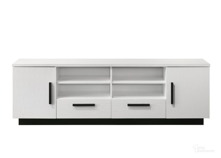 The appearance of Matilda 70.5 Inch TV Stand with Drawers In White designed by Lilola Home in the modern / contemporary interior design. This white piece of furniture  was selected by 1StopBedrooms from Matilda Collection to add a touch of cosiness and style into your home. Sku: 97030. Product Type: TV Stand. Material: MDF. Image1