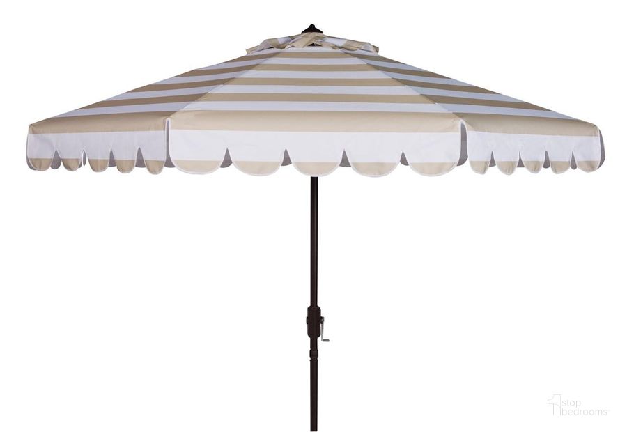 The appearance of Maui Beige and White Single Scallop Striped 9 Crank Auto Tilt Umbrella designed by Safavieh in the glam interior design. This white beige piece of furniture  was selected by 1StopBedrooms from Maui Collection to add a touch of cosiness and style into your home. Sku: PAT8011A. Material: Aluminum. Product Type: Umbrella. Image1