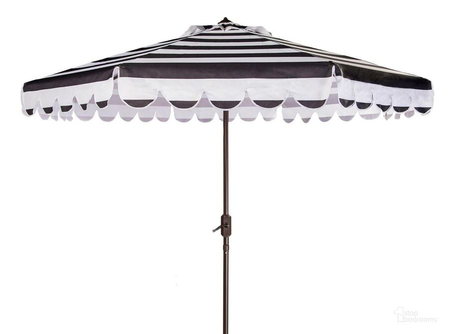 The appearance of Maui Black and White Single Scallop Striped 9 Crank Auto Tilt Umbrella designed by Safavieh in the glam interior design. This black and white piece of furniture  was selected by 1StopBedrooms from Maui Collection to add a touch of cosiness and style into your home. Sku: PAT8011D. Material: Aluminum. Product Type: Umbrella. Image1