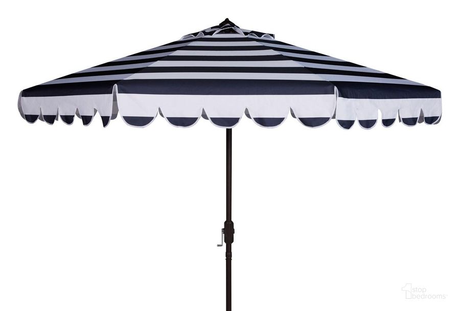 The appearance of Maui Navy and White Single Scallop Striped 9 Crank Auto Tilt Umbrella designed by Safavieh in the glam interior design. This white navy piece of furniture  was selected by 1StopBedrooms from Maui Collection to add a touch of cosiness and style into your home. Sku: PAT8011C. Material: Aluminum. Product Type: Umbrella. Image1