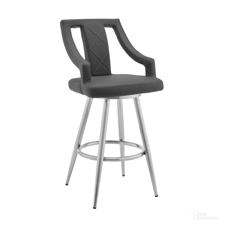 The appearance of Maxen 26 Inch Gray Faux Leather and Brushed Stainless Steel Swivel Bar Stool designed by Armen Living in the modern / contemporary interior design. This gray piece of furniture  was selected by 1StopBedrooms from Maxen Collection to add a touch of cosiness and style into your home. Sku: LCMXBABSGR26. Product Type: Barstool. Material: Stainless Steel. Image1