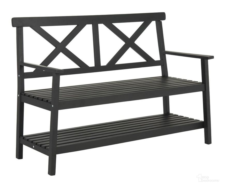 The appearance of Mayer Black 49.21 Inch Outdoor Bench designed by Safavieh in the modern / contemporary interior design. This black piece of furniture  was selected by 1StopBedrooms from Mayer Collection to add a touch of cosiness and style into your home. Sku: PAT6744A. Product Type: Bench. Image1