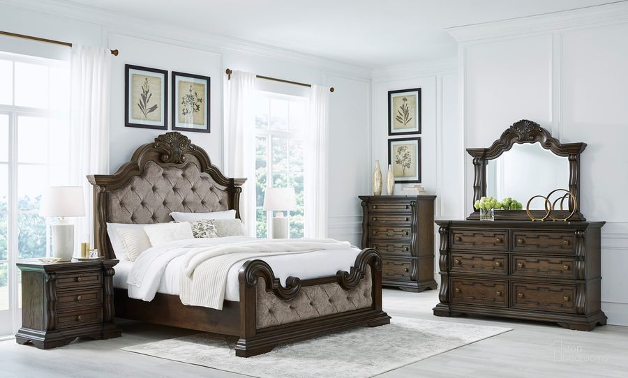 The appearance of Maylee Bedroom Set In Dark Brown designed by Signature Design by Ashley in the traditional interior design. This dark brown piece of furniture  was selected by 1StopBedrooms from Maylee Collection to add a touch of cosiness and style into your home. Sku: B947-56;B947-58;B947-97;B947-93. Material: Wood. Product Type: Bedroom Set. Bed Size: King. Image1