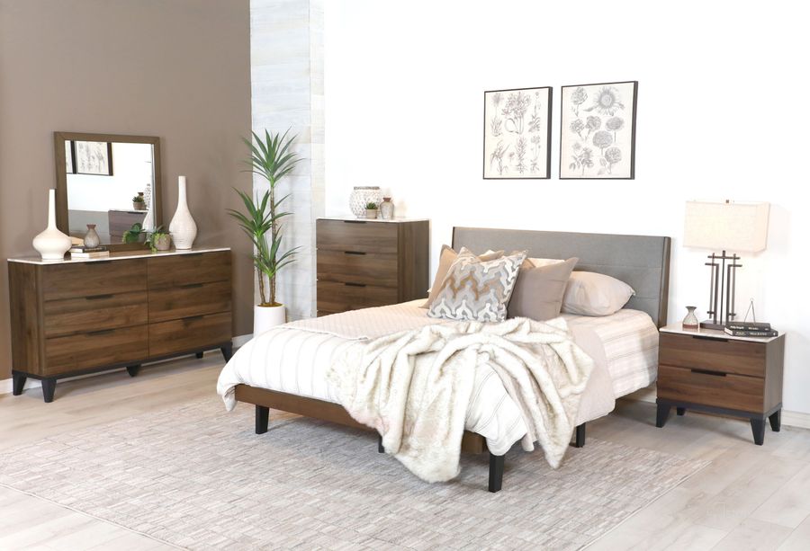 The appearance of Mays Walnut Brown And Grey Upholstered Platform Bedroom Set designed by Coaster in the modern / contemporary interior design. This brown and gray piece of furniture  was selected by 1StopBedrooms from May Collection to add a touch of cosiness and style into your home. Sku: 215961Q;215962. Product Type: Bedroom Set. Bed Size: Queen. Material: MDF. Image1