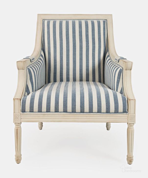 The appearance of Mckenna French Detailing Solid Wood Upholstered Accent Chair In Blue Stripe designed by Jofran in the country / farmhouse interior design. This blue stripe piece of furniture  was selected by 1StopBedrooms from McKenna Collection to add a touch of cosiness and style into your home. Sku: MCKENNAKD-CH-BLUSTRP. Product Type: Accent Chair. Material: Rubberwood. Image1