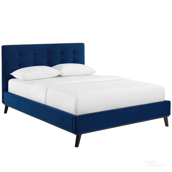 The appearance of Mckenzie Queen Biscuit Tufted Performance Velvet Platform Bed In Navy designed by Modway in the modern / contemporary interior design. This navy piece of furniture  was selected by 1StopBedrooms from Mckenzie Collection to add a touch of cosiness and style into your home. Sku: MOD-6006-NAV. Bed Type: Platform Bed. Product Type: Platform Bed. Bed Size: Queen. Material: MDF. Image1
