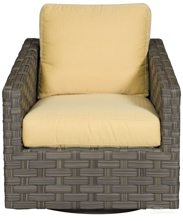 The appearance of Meadows Outdoor Swivel Glider In Yellow and Gray designed by Vanguard Furniture in the  interior design. This yellow and gray piece of furniture  was selected by 1StopBedrooms from Meadows Collection to add a touch of cosiness and style into your home. Sku: OW106-SG_250589. Material: Weave. Product Type: Outdoor Chair. Image1
