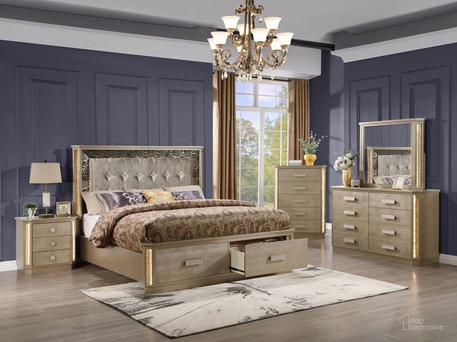The appearance of Medusa 4 Piece King Gold Finish Bedroom Set In Gold designed by Galaxy Home Furnishings in the modern / contemporary interior design. This gold piece of furniture  was selected by 1StopBedrooms from Medusa Collection to add a touch of cosiness and style into your home. Sku: 601955551618-1;601955551618-2;601955551618-3;601955551625;601955551649;601955551656. Material: Wood. Product Type: Bedroom Set. Image1