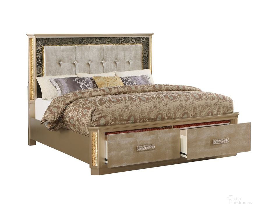 The appearance of Medusa King Bed In Gold designed by Galaxy Home Furnishings in the modern / contemporary interior design. This gold piece of furniture  was selected by 1StopBedrooms from Medusa Collection to add a touch of cosiness and style into your home. Sku: 601955551618-1;601955551618-2;601955551618-3. Material: Wood. Product Type: Bed. Bed Size: King. Image1