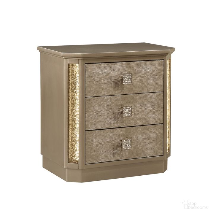 The appearance of Medusa Nightstand In Gold designed by Galaxy Home Furnishings in the modern / contemporary interior design. This gold piece of furniture  was selected by 1StopBedrooms from Medusa Collection to add a touch of cosiness and style into your home. Sku: 601955551625. Material: Wood. Product Type: Nightstand. Image1
