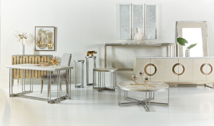 The appearance of Melange White Onyx And Pewter Metal Marin Round Occasional Table Set designed by Hooker in the modern / contemporary interior design. This silver and white piece of furniture  was selected by 1StopBedrooms from Melange Collection to add a touch of cosiness and style into your home. Sku: 5934-80111-00;5934-50002-00. Material: Metal. Product Type: Occasional Table Set. Image1