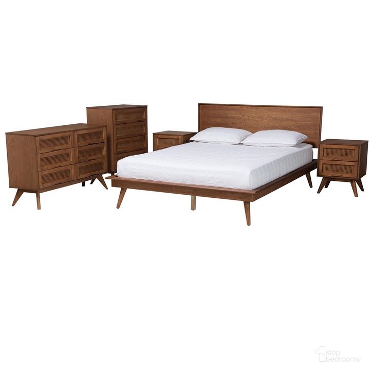 The appearance of Melora Wood and Rattan 5 Piece Full Bedroom Set In Walnut Brown designed by Baxton Studio in the transitional interior design. This walnut brown piece of furniture  was selected by 1StopBedrooms from Melora Collection to add a touch of cosiness and style into your home. Sku: MG0004-Ash Walnut-Full 5PC Bedroom Set. Product Type: Bedroom Set. Material: Rubberwood. Image1