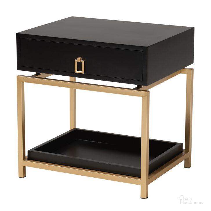 The appearance of Melosa Wood and Metal 1 Drawer End Table In Gold and Black designed by Baxton Studio in the glam interior design. This gold and black piece of furniture  was selected by 1StopBedrooms from Melosa Collection to add a touch of cosiness and style into your home. Sku: JY21B010-Black/Gold-ET. Product Type: End Table. Material: MDF. Image1