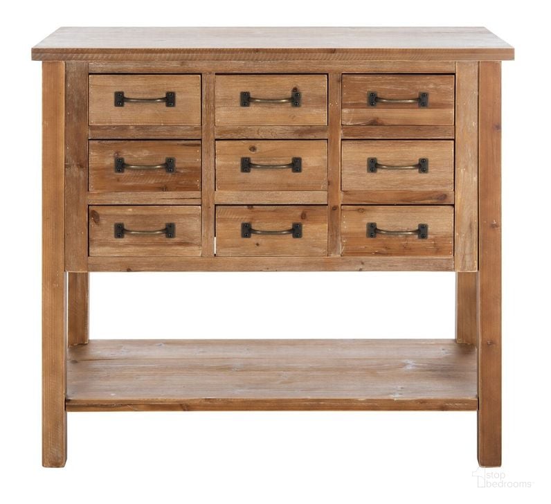 The appearance of Mendie Natural Oak 9-Drawer Chest designed by Safavieh in the rustic / southwestern interior design. This natural oak piece of furniture  was selected by 1StopBedrooms from Safavieh AMH Collection to add a touch of cosiness and style into your home. Sku: AMH1552A. Material: Wood. Product Type: Chest. Image1