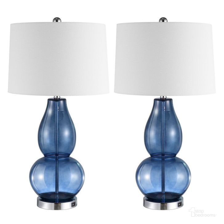 The appearance of Mercurio 28 Inch Blue Table Lamp Set of 2 with Usb Port designed by Safavieh in the transitional interior design. This blue piece of furniture  was selected by 1StopBedrooms from Mercurio Collection to add a touch of cosiness and style into your home. Sku: LIT4155C-SET2-U. Material: Glass. Product Type: Table Lamp. Image1