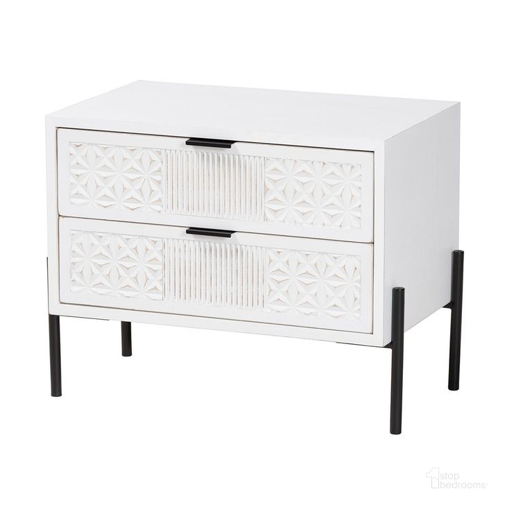 The appearance of Merryn Wood and Metal 2 Drawer Storage Cabinet In White and Black designed by Baxton Studio in the transitional interior design. This white and black piece of furniture  was selected by 1StopBedrooms from Merryn Collection to add a touch of cosiness and style into your home. Sku: JY23A337-White Wooden-Cabinet. Product Type: Storage Cabinet. Material: MDF. Image1