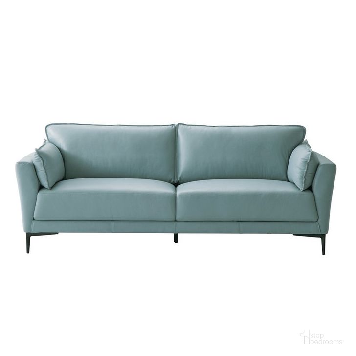 The appearance of Mesut Sofa In Light Blue Top Grain Leather and Black designed by ACME in the modern / contemporary interior design. This blue and black piece of furniture  was selected by 1StopBedrooms from Mesut Collection to add a touch of cosiness and style into your home. Sku: LV02387. Material: Wood. Product Type: Sofa. Image1
