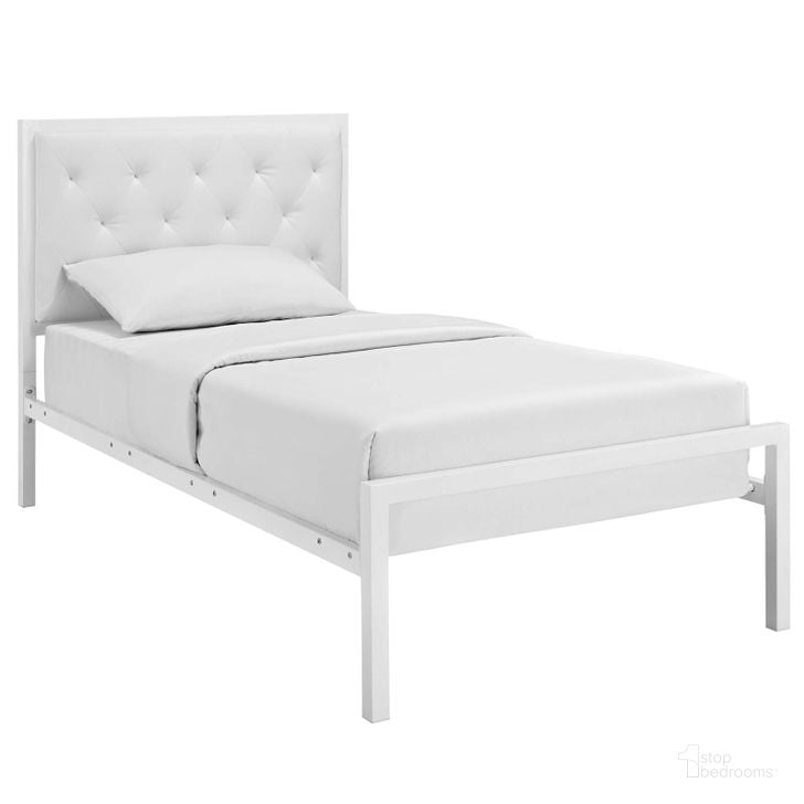 The appearance of Mia White Twin Vinyl Bed designed by Modway in the modern / contemporary interior design. This white piece of furniture  was selected by 1StopBedrooms from Mia Collection to add a touch of cosiness and style into your home. Sku: MOD-5179-WHI-WHI-SET. Bed Type: Platform Bed. Product Type: Platform Bed. Bed Size: Twin. Material: Vinyl. Image1