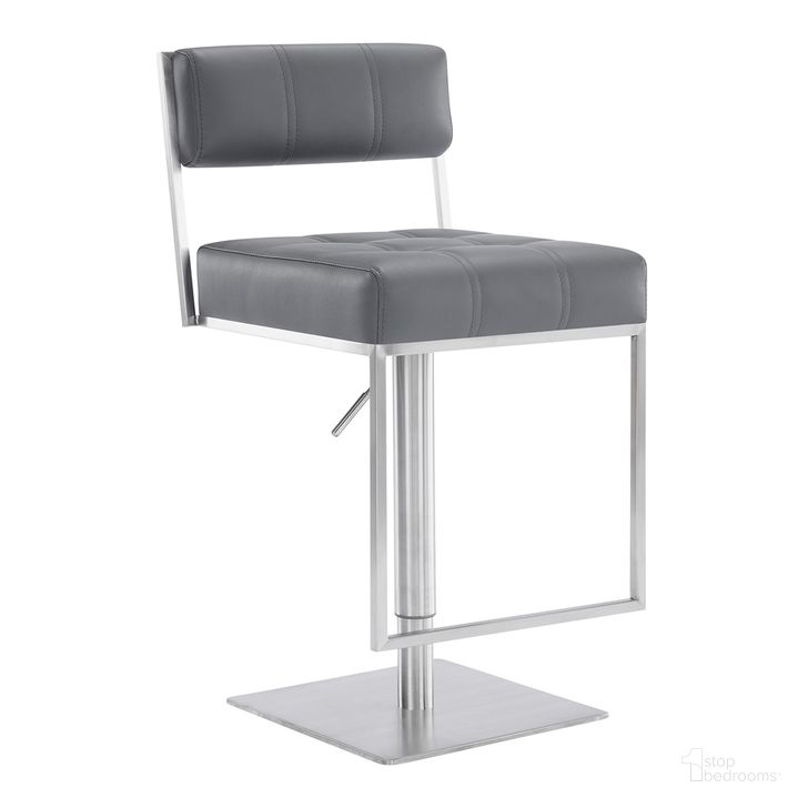 The appearance of Michele Swivel Adjustable Height Gray Faux Leather and Brushed Stainless Steel Bar Stool designed by Armen Living in the modern / contemporary interior design. This gray piece of furniture  was selected by 1StopBedrooms from Michele Collection to add a touch of cosiness and style into your home. Sku: LCMISWBABSGR. Product Type: Barstool. Material: Stainless Steel. Image1
