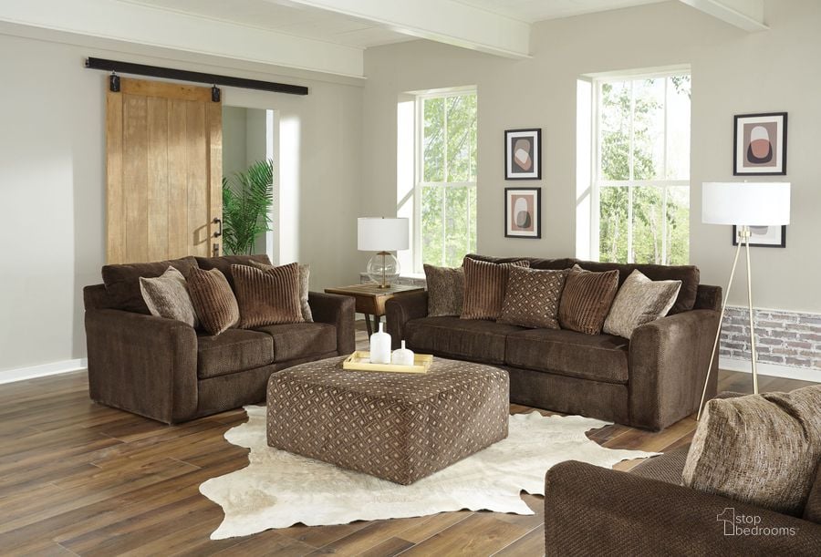 The appearance of Midwood Chocolate 89 Inch Living Room Set designed by Jackson in the transitional interior design. This brown piece of furniture  was selected by 1StopBedrooms from Midwood Collection to add a touch of cosiness and style into your home. Sku: 329103180649264249;329102180649264249. Material: Polyester. Product Type: Living Room Set. Image1