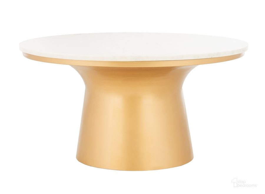 The appearance of Mila White Marble and Brass Pedestal Coffee Table designed by Safavieh in the modern / contemporary interior design. This white piece of furniture  was selected by 1StopBedrooms from Mila Collection to add a touch of cosiness and style into your home. Sku: COF7200A. Product Type: Coffee Table. Material: Iron. Image1