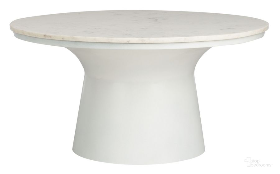 The appearance of Mila White Marble and White Pedestal Coffee Table designed by Safavieh in the modern / contemporary interior design. This white piece of furniture  was selected by 1StopBedrooms from Mila Collection to add a touch of cosiness and style into your home. Sku: COF7200B. Product Type: Coffee Table. Material: Iron. Image1