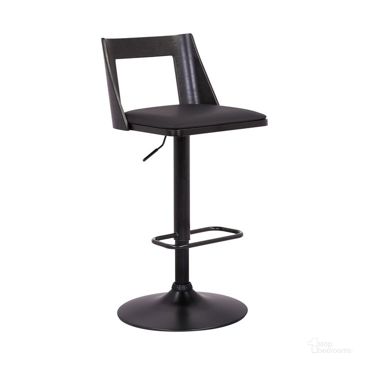 The appearance of Milan Adjustable Swivel Black Faux Leather and Black Wood Bar Stool with Black Base designed by Armen Living in the transitional interior design. This black piece of furniture  was selected by 1StopBedrooms from Milan Collection to add a touch of cosiness and style into your home. Sku: LCMLBABLBL. Material: Wood. Product Type: Barstool. Image1