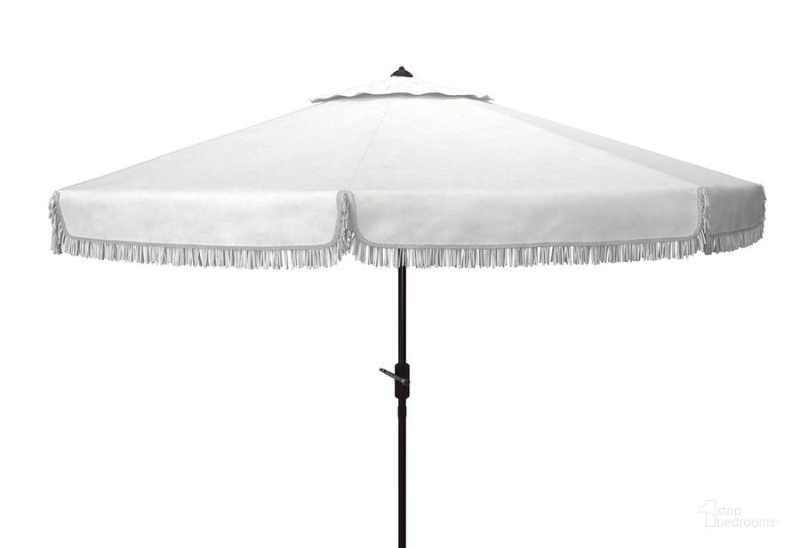 The appearance of Milan Fringe 11Ft Rnd Crank Umbrella PAT8108C designed by Safavieh in the modern / contemporary interior design. This white piece of furniture  was selected by 1StopBedrooms from Milan Collection to add a touch of cosiness and style into your home. Sku: PAT8108C. Material: Aluminum. Product Type: Umbrella. Image1