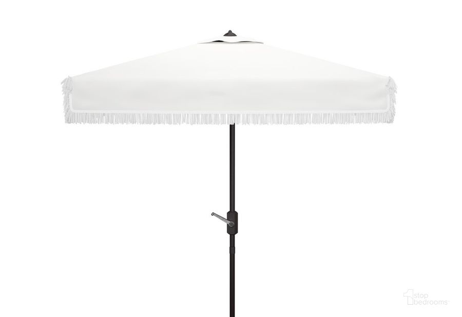 The appearance of Milan Fringe 7.5 Ft Square Crank Umbrella PAT8408C designed by Safavieh in the modern / contemporary interior design. This white piece of furniture  was selected by 1StopBedrooms from Milan Collection to add a touch of cosiness and style into your home. Sku: PAT8408C. Material: Aluminum. Product Type: Umbrella. Image1
