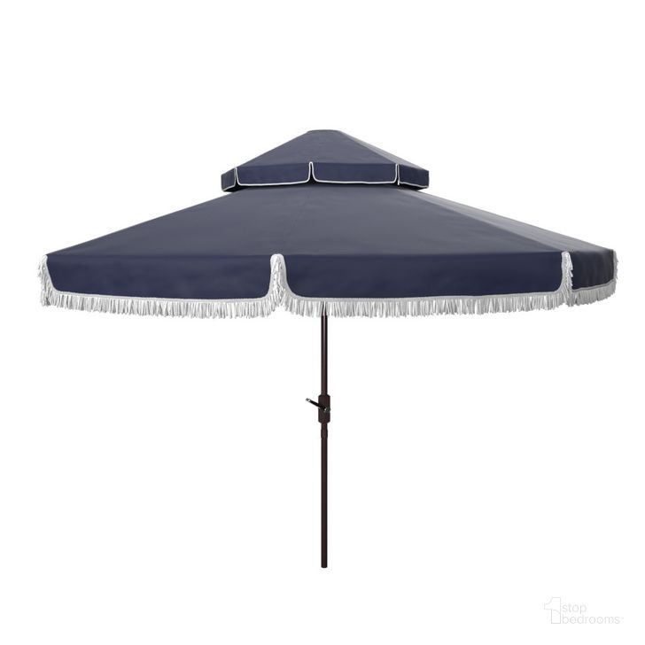 The appearance of Milan Fringe 9Ft Double Top Crank Umbrella PAT8208A designed by Safavieh in the modern / contemporary interior design. This white navy piece of furniture  was selected by 1StopBedrooms from Milan Collection to add a touch of cosiness and style into your home. Sku: PAT8208A. Material: Aluminum. Product Type: Umbrella. Image1