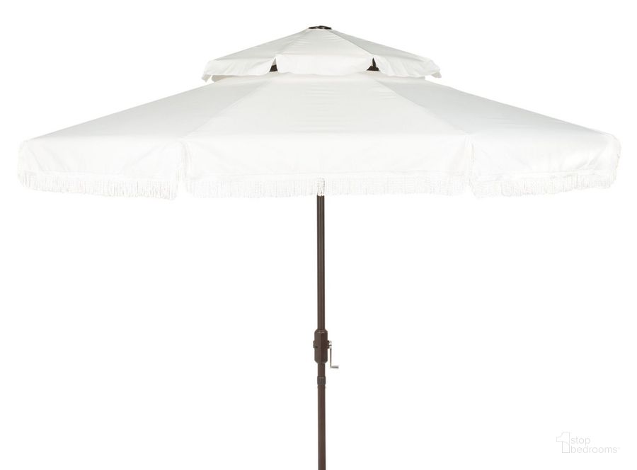 The appearance of Milan Fringe 9Ft Double Top Crank Umbrella PAT8208C designed by Safavieh in the modern / contemporary interior design. This white piece of furniture  was selected by 1StopBedrooms from Milan Collection to add a touch of cosiness and style into your home. Sku: PAT8208C. Material: Aluminum. Product Type: Umbrella. Image1