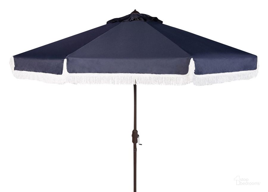 The appearance of Milan Navy and White Fringe 9 Crank Outdoor Auto Tilt Umbrella designed by Safavieh in the modern / contemporary interior design. This white navy piece of furniture  was selected by 1StopBedrooms from Milan Collection to add a touch of cosiness and style into your home. Sku: PAT8008A. Material: Aluminum. Product Type: Umbrella. Image1