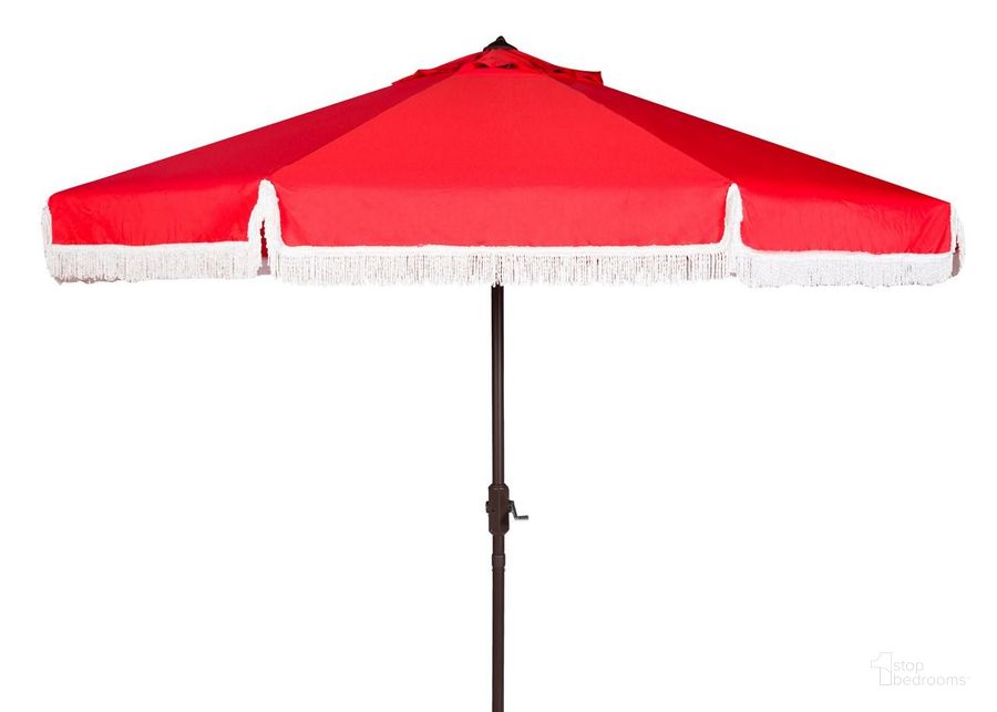 The appearance of Milan Red and White Fringe 9 Crank Outdoor Auto Tilt Umbrella designed by Safavieh in the modern / contemporary interior design. This red and white piece of furniture  was selected by 1StopBedrooms from Milan Collection to add a touch of cosiness and style into your home. Sku: PAT8008E. Material: Aluminum. Product Type: Umbrella. Image1