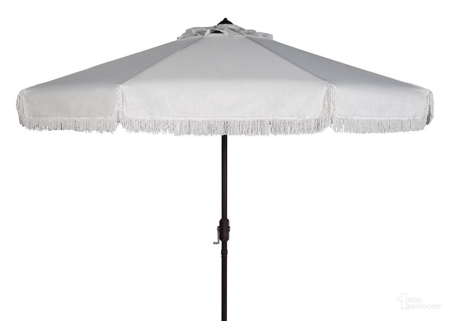 The appearance of Milan White Fringe 9 Crank Outdoor Auto Tilt Umbrella designed by Safavieh in the modern / contemporary interior design. This white piece of furniture  was selected by 1StopBedrooms from Milan Collection to add a touch of cosiness and style into your home. Sku: PAT8008C. Material: Aluminum. Product Type: Umbrella. Image1