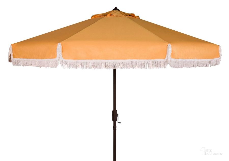 The appearance of Milan Yellow and White Trim Fringe 9 Crank Outdoor Auto Tilt Umbrella designed by Safavieh in the modern / contemporary interior design. This yellow piece of furniture  was selected by 1StopBedrooms from Milan Collection to add a touch of cosiness and style into your home. Sku: PAT8008D. Material: Aluminum. Product Type: Umbrella. Image1