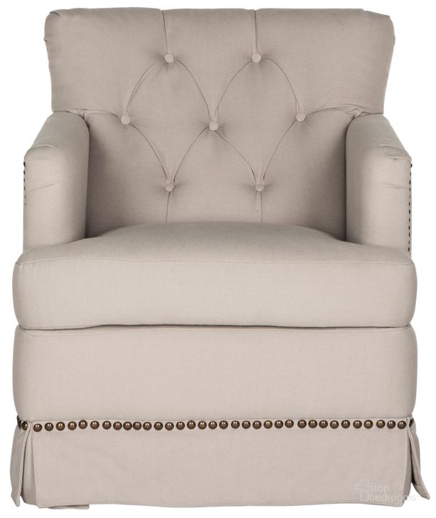 The appearance of Millicent Taupe Swivel Accent Chair with Brass Nailhead Detail designed by Safavieh in the modern / contemporary interior design. This taupe piece of furniture  was selected by 1StopBedrooms from Safavieh MCR Collection to add a touch of cosiness and style into your home. Sku: MCR4676A. Product Type: Accent Chair. Material: Stainless Steel. Image1