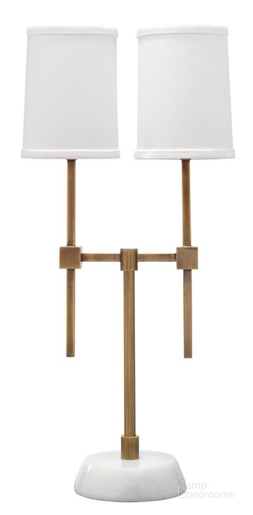 The appearance of Minerva Twin Shade Console Lamp designed by Jamie Young Company in the traditional interior design. This antique brass piece of furniture  was selected by 1StopBedrooms from Minerva Collection to add a touch of cosiness and style into your home. Sku: 9MINE-TLAB. Material: Marble. Product Type: Table Lamp. Image1