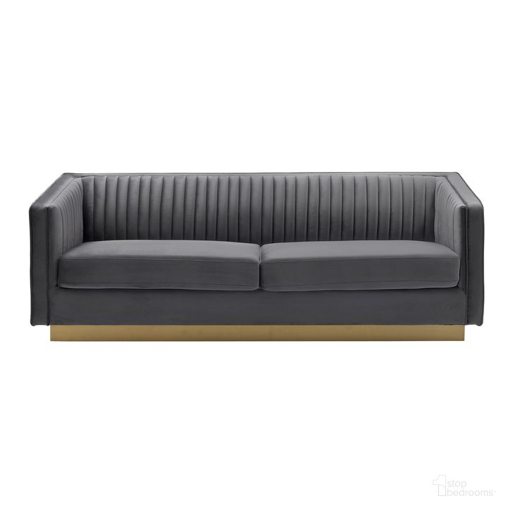 The appearance of Miranda Dark Gray Velvet and Gold Sofa designed by Armen Living in the glam interior design. This dark gray piece of furniture  was selected by 1StopBedrooms from Miranda Collection to add a touch of cosiness and style into your home. Sku: LCMR3GREY. Product Type: Sofa. Material: Velvet. Image1