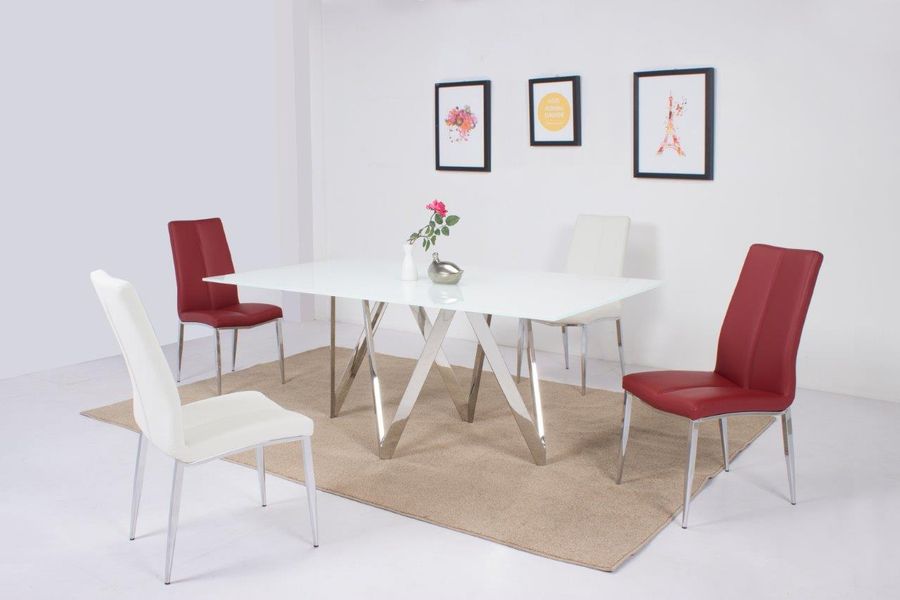 The appearance of Abigail Dining Set With White Glass Table And 4 Chairs In Red designed by Chintaly Imports in the modern / contemporary interior design. This red piece of furniture  was selected by 1StopBedrooms from Abigail Collection to add a touch of cosiness and style into your home. Sku: ABIGAIL-DT-T;ABIGAIL-DT-M;ABIGAIL-DT-B;ABIGAIL-SC-RED. Product Type: Dining Room Set.