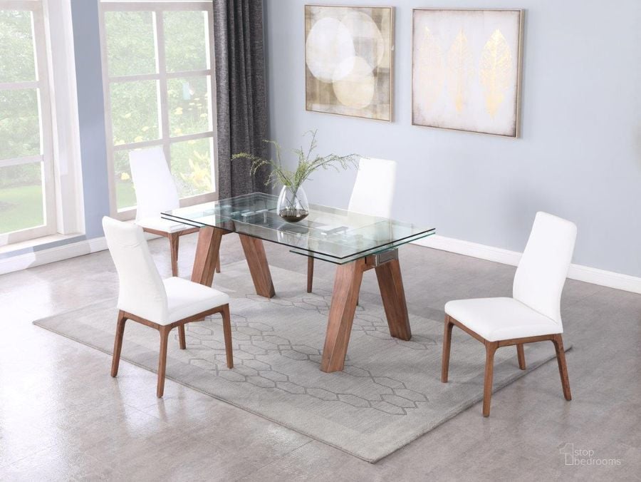 The appearance of Modern Dining Table With Extendable Glass Top And Solid Wood Legs In Walnut designed by Chintaly Imports in the modern / contemporary interior design. This walnut piece of furniture  was selected by 1StopBedrooms from  to add a touch of cosiness and style into your home. Sku: ESTHER-DT-WAL-T;ESTHER-DT-WAL-B. Product Type: Dining Table. Image1