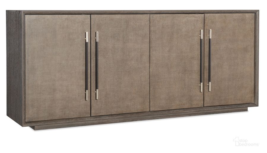 The appearance of Modern Mood Entertainment Console In Brown designed by Hooker in the modern / contemporary interior design. This brown piece of furniture  was selected by 1StopBedrooms from Mood Collection to add a touch of cosiness and style into your home. Sku: 6850-55482-89. Product Type: Entertainment Console. Material: Wood Veneer. Image1