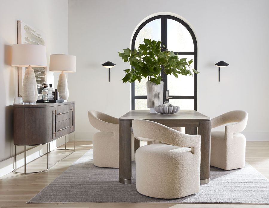 The appearance of Modern Mood Leg Extendable Dining Room Set In Brown designed by Hooker in the modern / contemporary interior design. This brown piece of furniture  was selected by 1StopBedrooms from Mood Collection to add a touch of cosiness and style into your home. Sku: 6850-75200-89;6850-75500-05. Product Type: Dining Room Set. Material: Wood Veneer. Size: 86". Image1