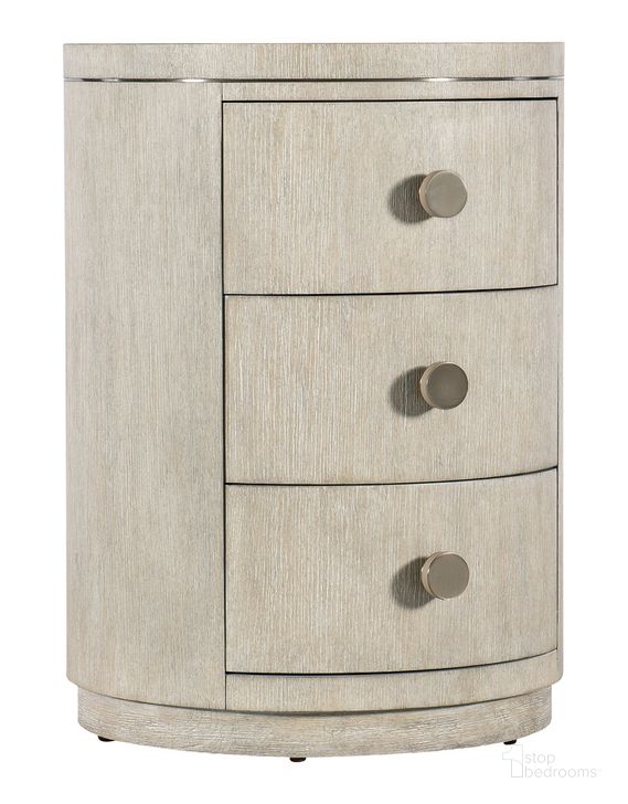 The appearance of Modern Mood Round Nightstand In Light Brown designed by Hooker in the modern / contemporary interior design. This light brown piece of furniture  was selected by 1StopBedrooms from Mood Collection to add a touch of cosiness and style into your home. Sku: 6850-90315-80. Product Type: Nightstand. Material: Wood Veneer. Image1
