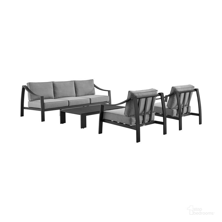 The appearance of Mongo 4-Piece Outdoor Patio Furniture Set In Black Aluminum with Gray Cushions designed by Armen Living in the modern / contemporary interior design. This dark gray piece of furniture  was selected by 1StopBedrooms from Mongo Collection to add a touch of cosiness and style into your home. Sku: 840254336216;840254336223;840254336230;840254336247. Material: Aluminum. Product Type: Outdoor Set. Image1