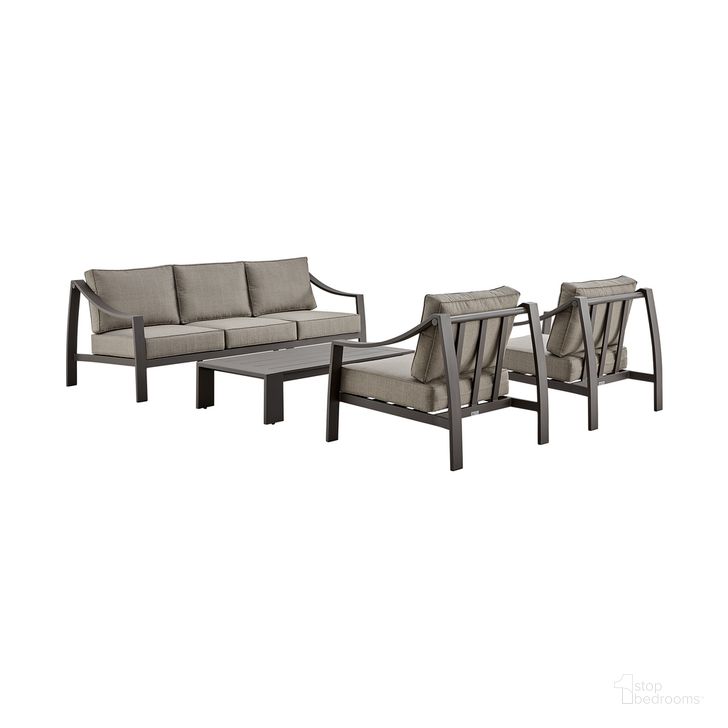 The appearance of Mongo 4-Piece Outdoor Patio Furniture Set In Dark Brown Aluminum with Cushions designed by Armen Living in the modern / contemporary interior design. This brown piece of furniture  was selected by 1StopBedrooms from Mongo Collection to add a touch of cosiness and style into your home. Sku: 840254336179;840254336186;840254336193;840254336209. Material: Aluminum. Product Type: Outdoor Set. Image1